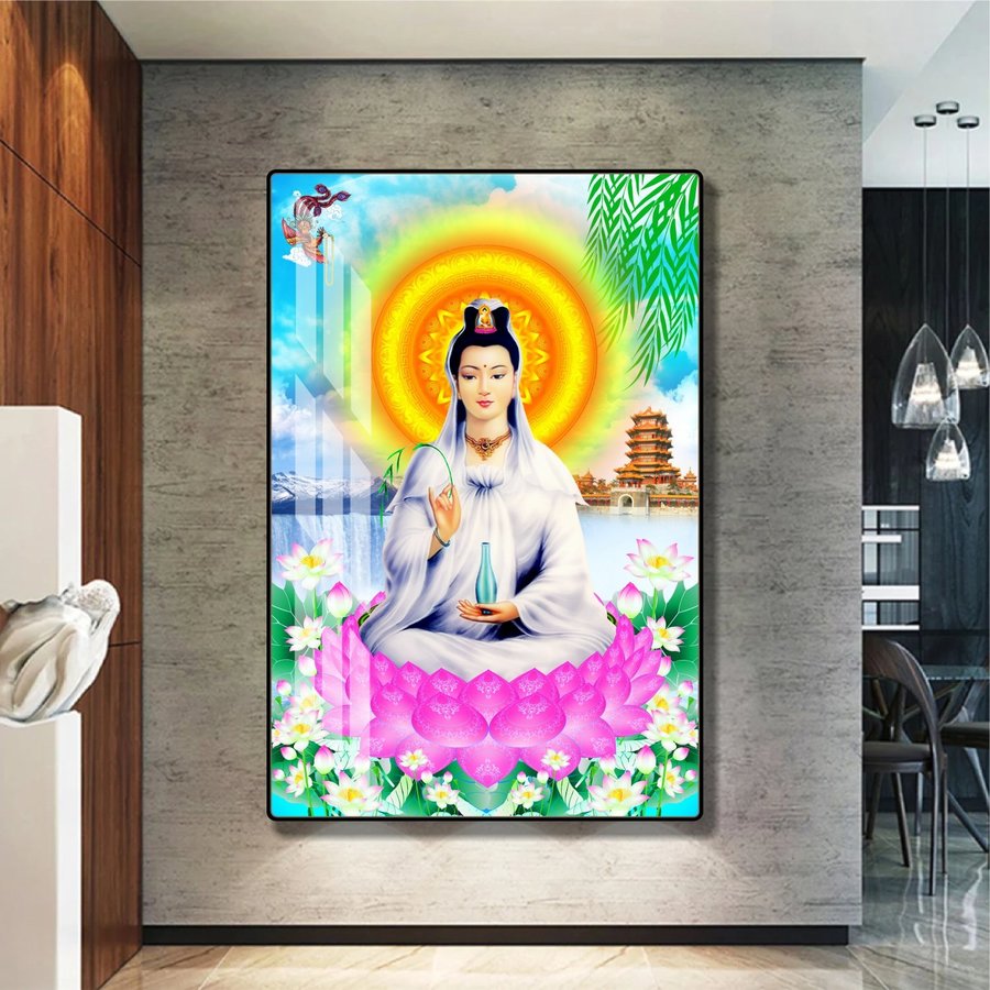 Tranh treo tường phật quan âm bồ tát ngồi tòa sen mẫu 837