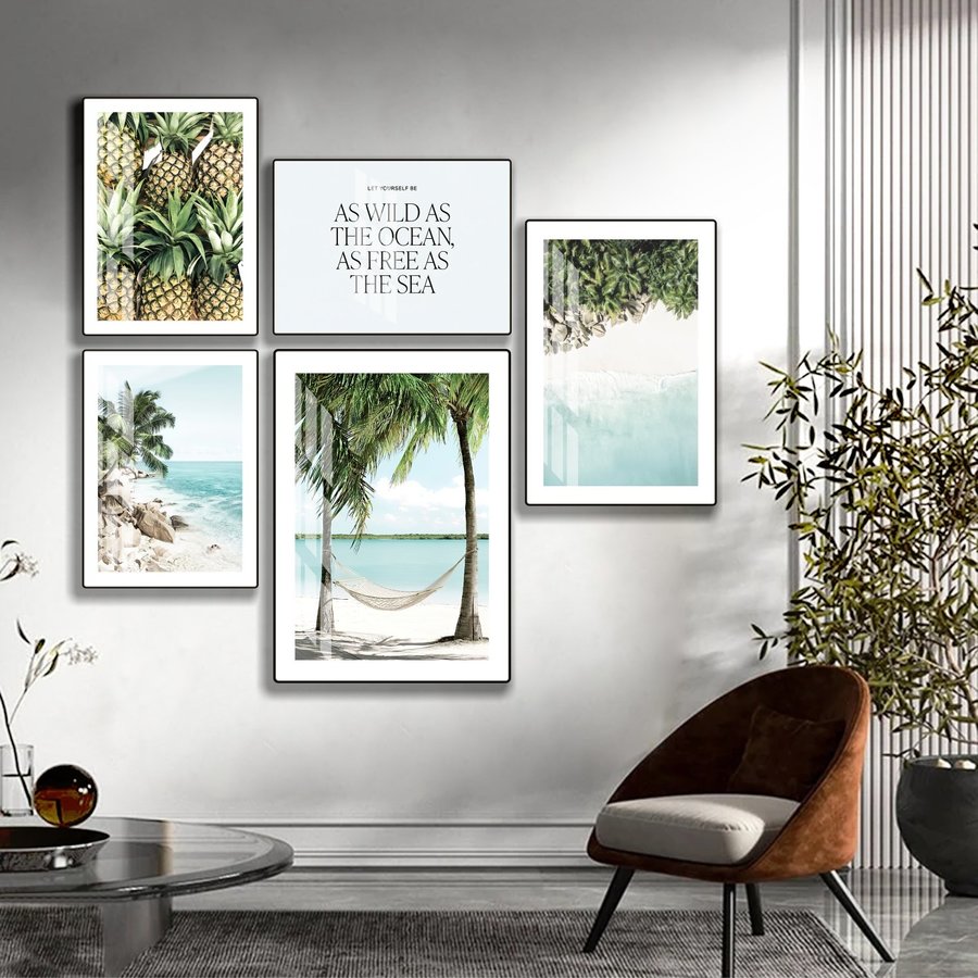 Tranh treo tường phong cảnh biển bộ 5 tấm xanh mát mẫu 855