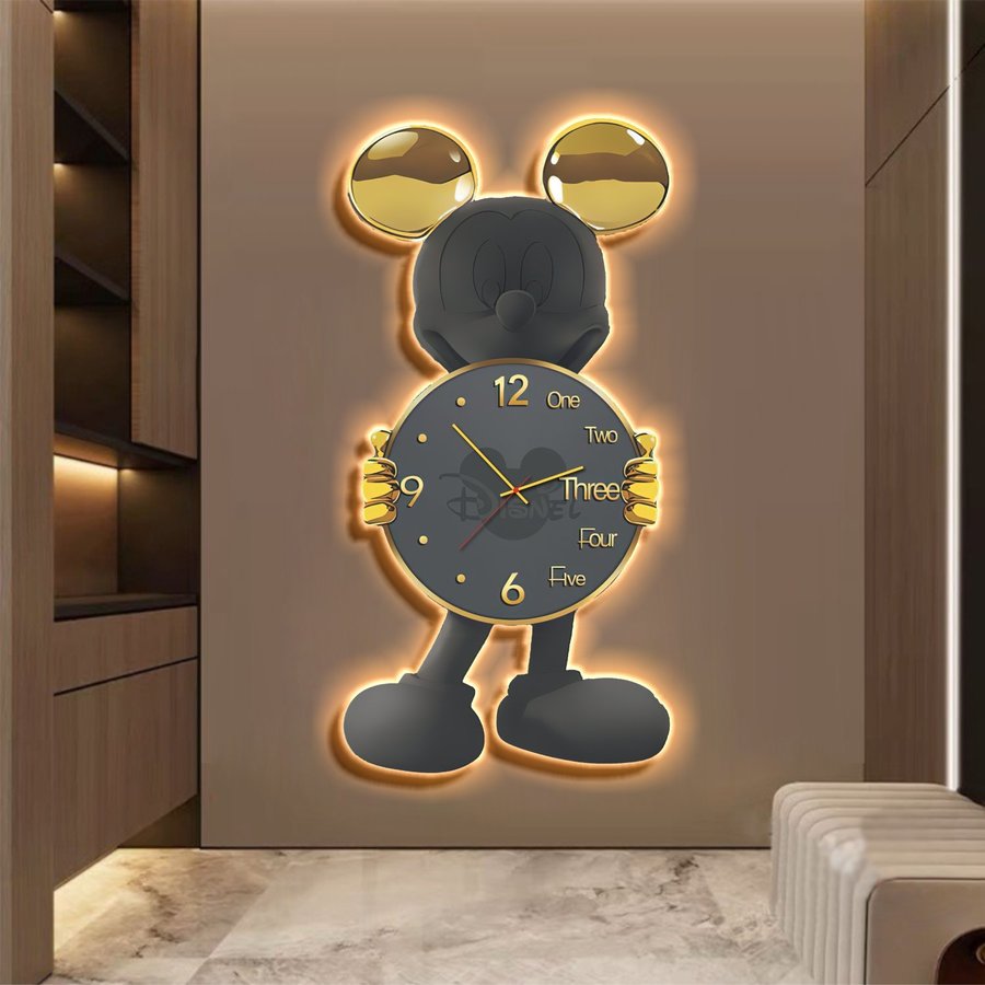Tranh đồng hồ đèn led treo tường chuột micky xám hiện đại