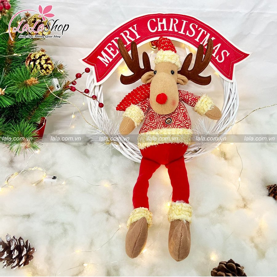 Vòng nguyệt quế tuần lộc treo cây thông tặng kèm đèn LED trang trí noel