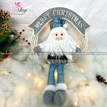 Vòng nguyệt quế ông già noel xanh treo cây thông tặng kèm đèn LED trang trí noel