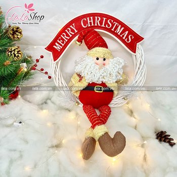 Vòng nguyệt quế ông già noel đỏ treo cây thông tặng kèm đèn LED trang trí noel