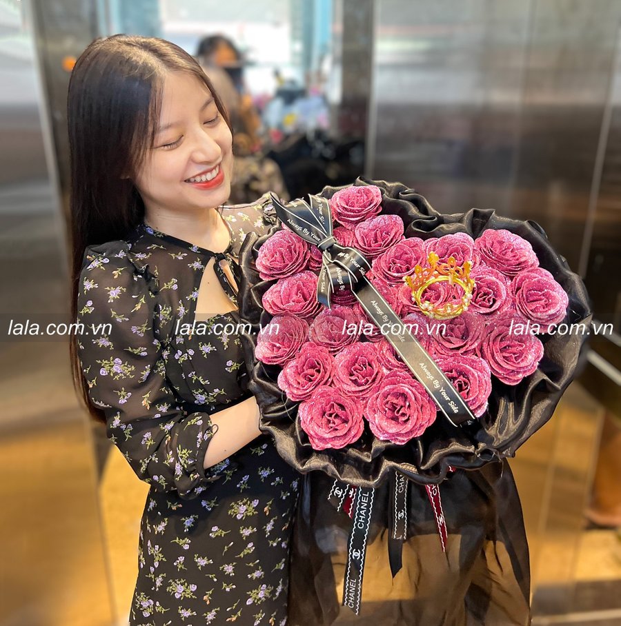 Bó hoa nhũ kim tuyến hồng 26 bông vĩnh cửu cao cấp