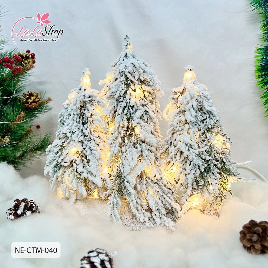 3 cây thông phủ tuyết có đế kèm đèn điện chớp nháy cao cấp -  Phong cách Châu Âu