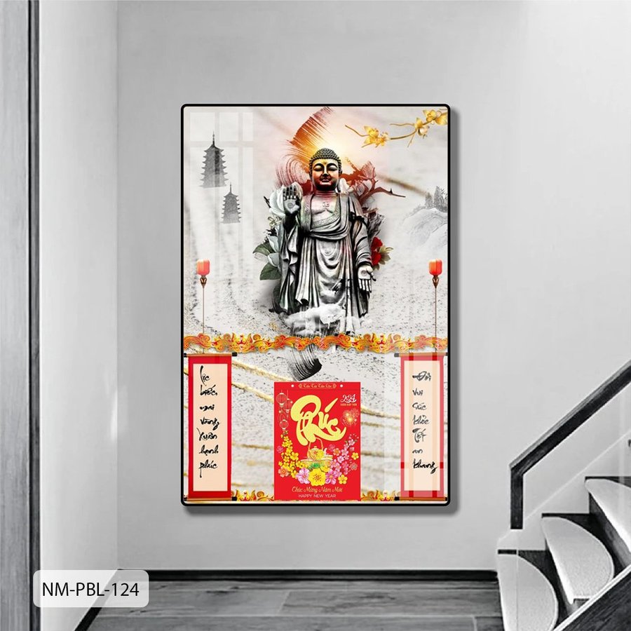 Lịch Tết Tranh Tráng Gương Treo Tường Tượng Phật Và Mai Vàng Rực Rỡ