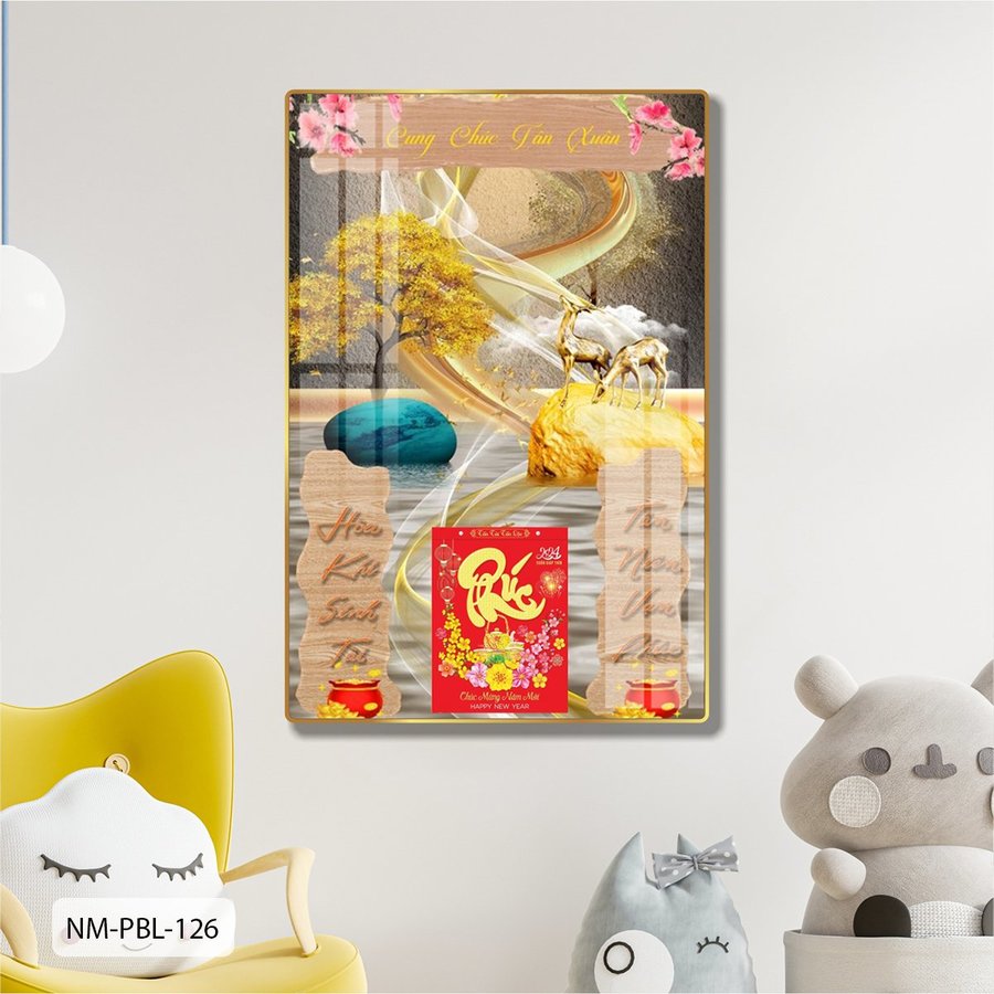 Lịch Tết Tranh Tráng Gương Treo Tường Đôi Hươu Vàng Nghệ Thuật Mẫu 2