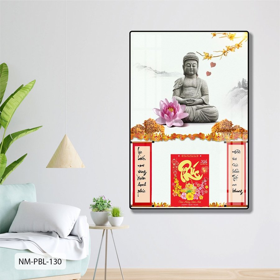 Lịch Tết Tranh Tráng Gương Treo Tường Tượng Phật Và Sen Hồng Nở Rộ