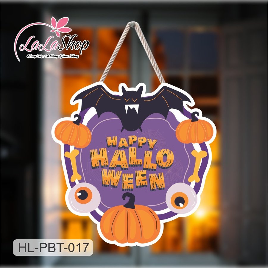 Bảng Treo Cửa Trang Trí Halloween Hình Bí Ngô Và Con Dơi
