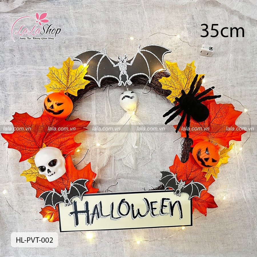 Vòng treo cửa trang trí Halloween dơi và bí ngô ma quái 35cm kèm đèn led