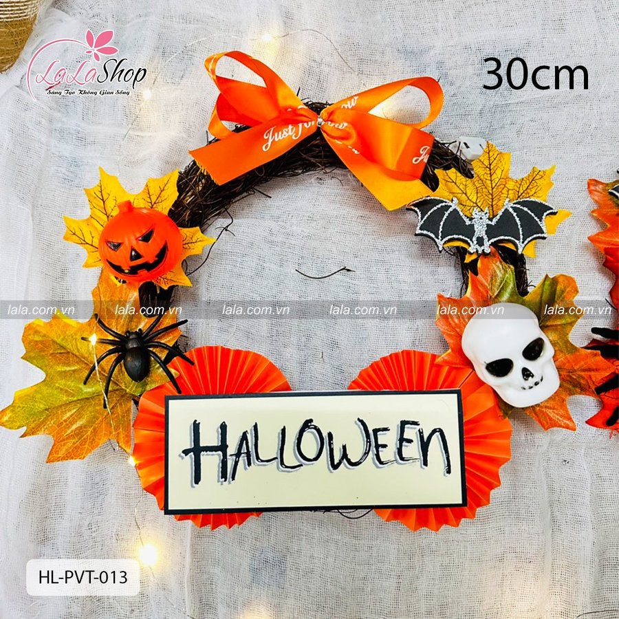 Vòng Treo Cửa Lá Phong Trang Trí Halloween Bí Ngô Và Đầu Lâu 30cm Kèm Đèn Led