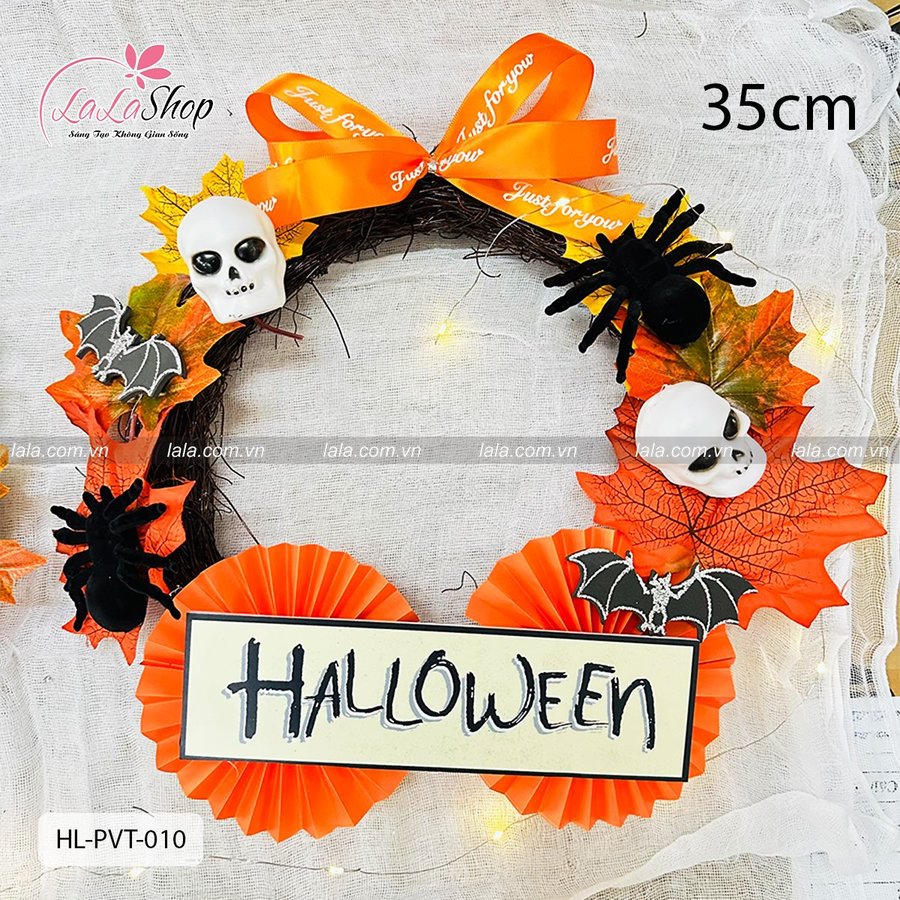 Vòng Treo Cửa Lá Phong Trang Trí Halloween Đầu Lâu Kinh Dị 35cm Kèm Đèn Led