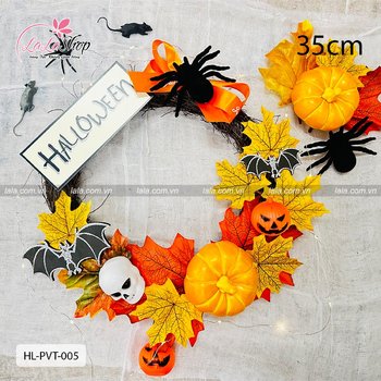 Vòng Treo Cửa Trang Trí Halloween Lá Phong 35cm Kèm Đèn Led
