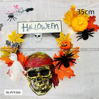 Vòng Treo Cửa Trang Trí Halloween Lá Phong Đầu Lâu Ma Quái 35cm Kèm Đèn Led