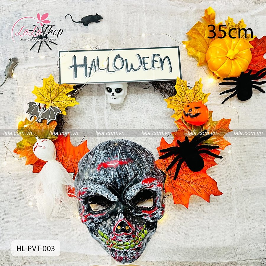 Vòng Treo Cửa Trang Trí Halloween Lá Phong Mặt Nạ Ma Quái 35cm Kèm Đèn Led
