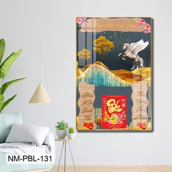 Lịch Tết Tranh Tráng Gương Treo Tường Bạch Mã Và Đào Hồng Khoe Sắc