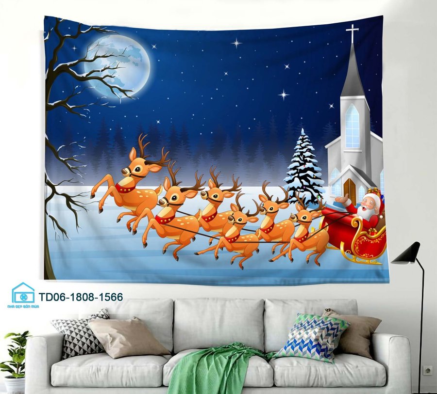 Tranh Vải Treo Tường Trang Trí Noel Xe Tuần Lộc