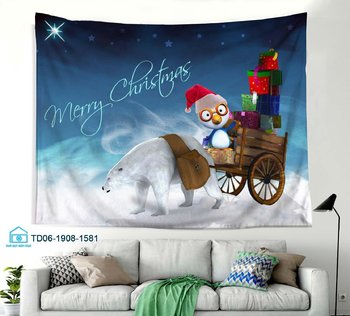 Tranh Vải Treo Tường Trang Trí Noel Gấu Bắc Cực Và Chim Cánh Cụt
