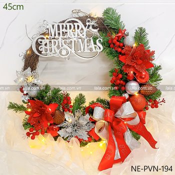 Vòng nguyệt quế treo cửa 45cm trang trí giáng sinh kèm đèn LED  mẫu 194