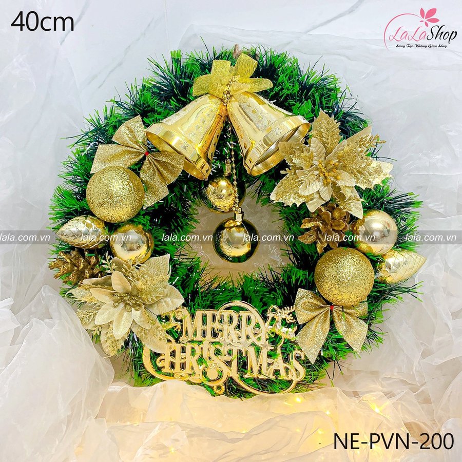 Vòng nguyệt quế 40cm treo cửa trang trí giáng sinh kèm đèn mẫu 200