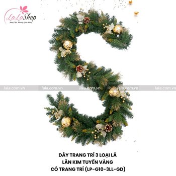 Dây Trang Trí Noel 3 Loại Lá Lăn Kim Tuyến Vàng Có Trang Trí 2m1