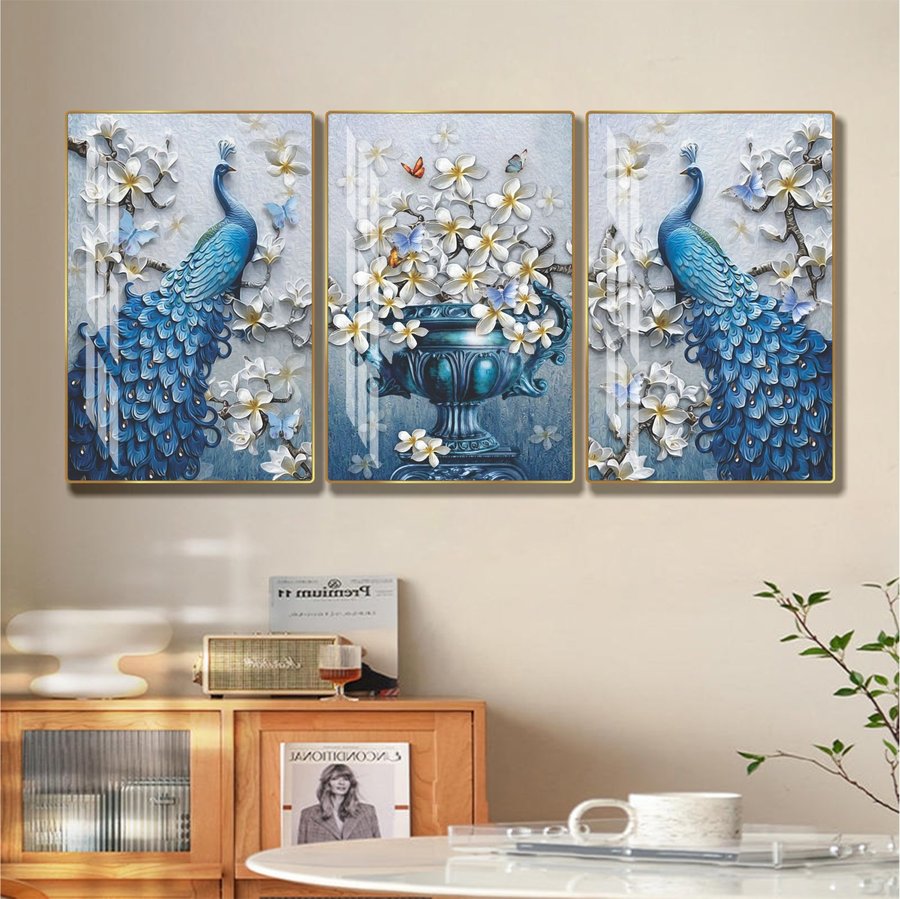 Tranh chim công xanh treo tường phong thủy phòng khách mẫu 937