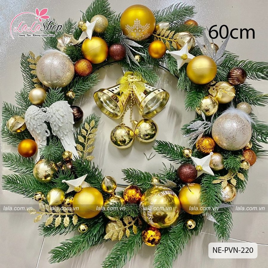 Vòng nguyệt quế 60cm treo cửa phụ kiện cao cấp trang trí giáng sinh - Tặng kèm đèn mẫu 220