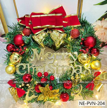 Vòng Nguyệt Quế Noel 30cm Treo Cửa Gắn Nơ Đỏ kèm đèn LED Mẫu 204