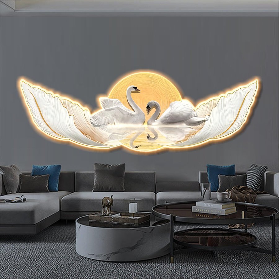 Tranh đèn tráng gương đôi thiên nga trang trí phòng khách