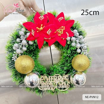Vòng nguyệt quế trang trí noel hoa đỏ và châu vàng
