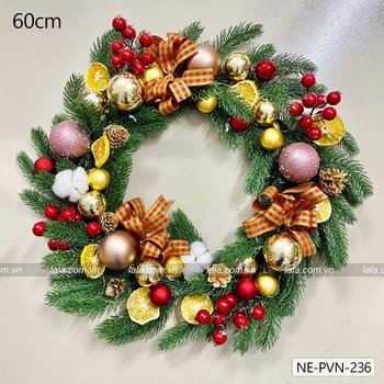 Vòng nguyệt quế giáng sinh 60cm treo của trang trí noel tặng kèm đèn LED mẫu 236