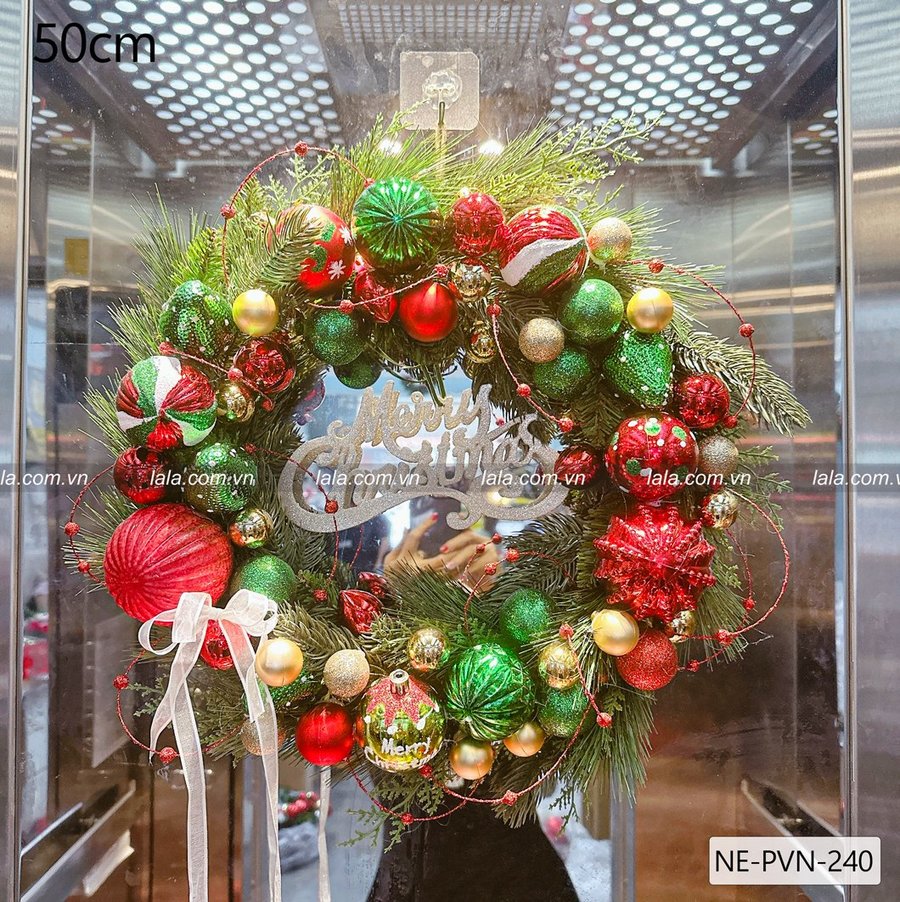 Vòng nguyệt quế Noel 50cm treo cửa tặng đèn led trang trí giáng sinh merry christmas