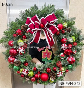 Vòng nguyệt quế Noel 80cm kèm đèn led treo cửa trang trí giáng sinh mẫu 242