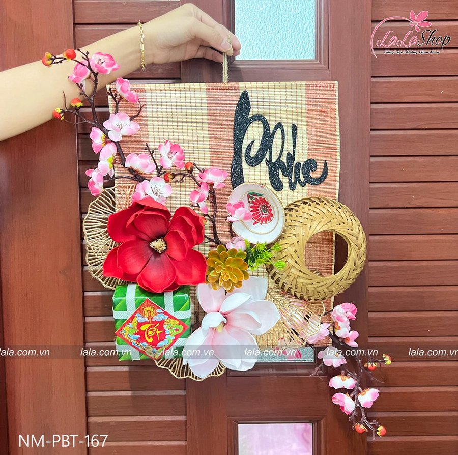 Mành tre bánh chưng hoa đào phụ kiện trang trí tiểu cảnh tết mẫu 166