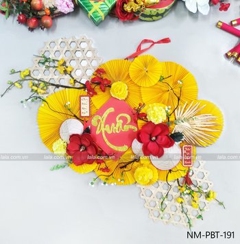 Mẹt tre quạt vàng chữ xuân đón năm mới phụ kiện trang trí tiểu cảnh tết
