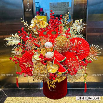 Chậu hoa đào đông đỏ để bàn chữ Phúc trang trí tết đón vận tài lộc