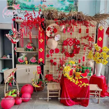 Tiểu Cảnh Mành Tre Kèm Bàn Ghế Trang Trí Tết Nguyên Đán Tài Lộc