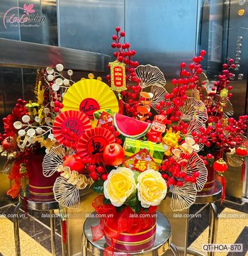 Chậu hoa đào đông đỏ để bàn trang trí tết năm mới vận đỏ mẫu 70