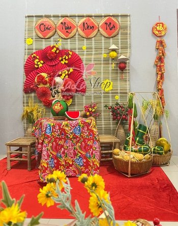 Tiểu Cảnh Mành Tre Kèm Bàn Ghế Trang Trí Tết Nguyên Đán Tài Lộc Mừng Năm Mới