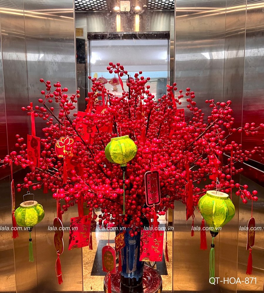 Bình hoa đào đông đỏ lồng đèn vàng để bàn trang trí tết mẫu 871