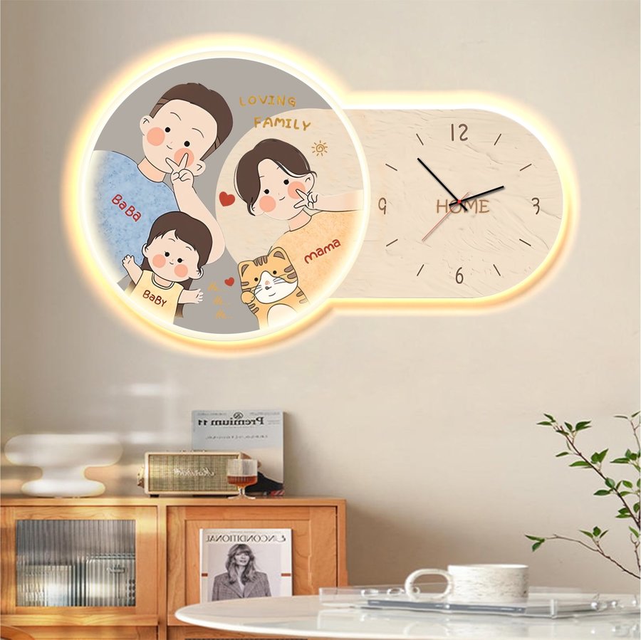 Tranh Đồng Hồ Đèn Led Tráng Gương Gia Đình Nhỏ 290