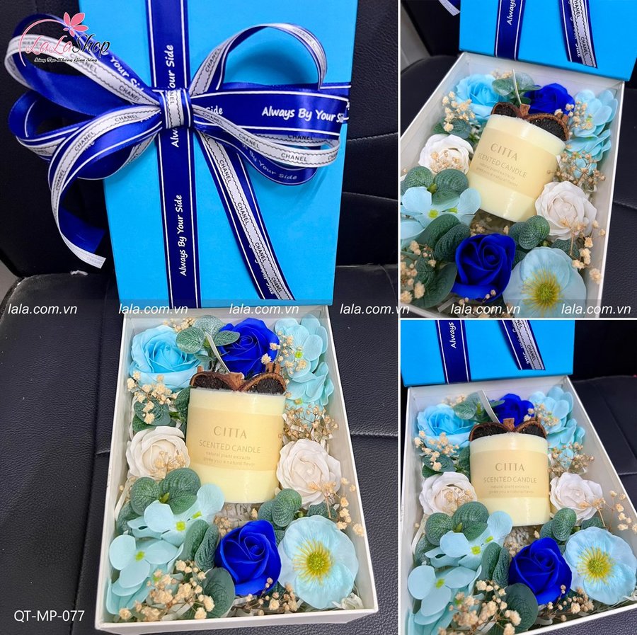 Hộp quà tặng nến thơm hoa sáp kèm phụ kiện mẫu chữ nhật 077