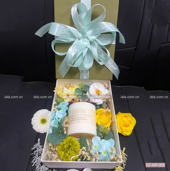 Hộp quà tặng nến thơm hoa sáp kèm phụ kiện mẫu chữ nhật 085