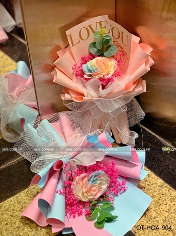 bó 1 bông 7 lớp cầu vồng kèm hoa baby khô cao cấp mẫu 904