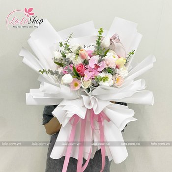 Bó hoa sáp thơm mix nhiều loại sắc hồng giấy xốp gấm hàn quốc không nhăn mẫu 920