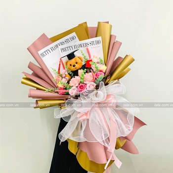 Bó hoa hồng sáp thơm kèm gấu tốt nghiệp mẫu 938