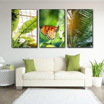Bộ 3 Tấm Tranh Treo Tường Lá Xanh Và Bươm Bướm Nghệ Thuật
