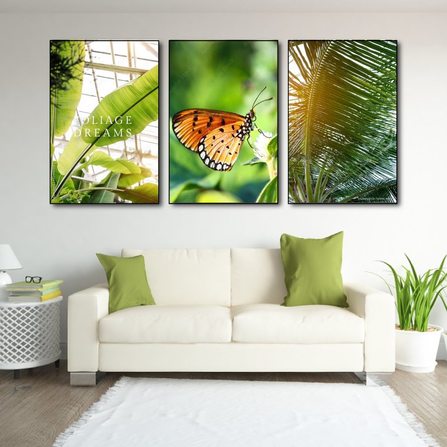Bộ 3 Tấm Tranh Treo Tường Lá Xanh Và Bươm Bướm Nghệ Thuật