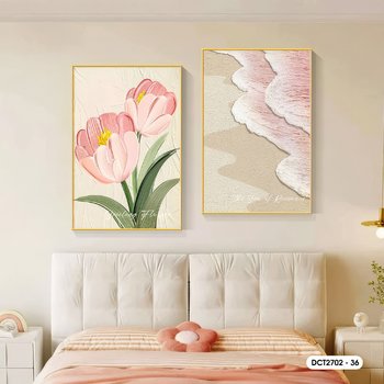 Tranh Treo Tường Bộ 2 Tấm Hoa Tullip Hồng Nghệ Thuật