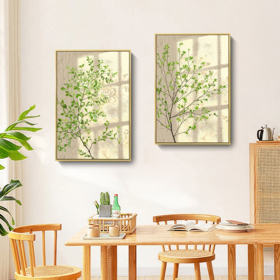 Tranh Treo Tường Bộ 2 Tấm Lá Xanh Nghệ Thuật