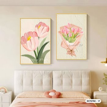 Tranh Treo Tường Bộ 2 Tấm Hoa Tulip Hồng Khoe Sắc Nghệ Thuật